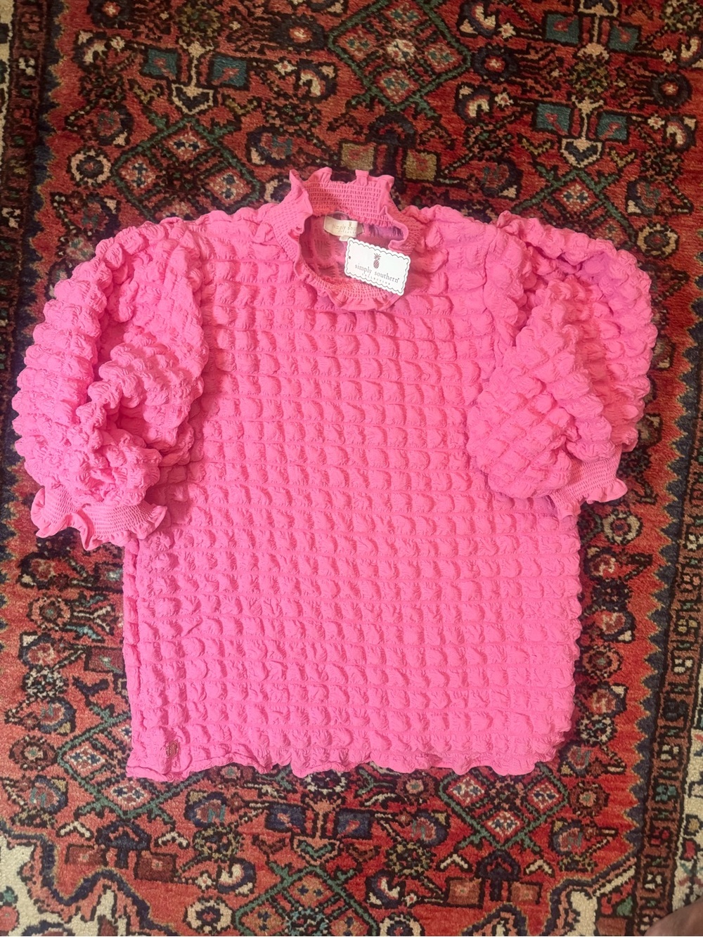 Simply Southern Collection | Bright Pink Puff-Sleeve Textured Shirt | Size L - Picture 4 of 5